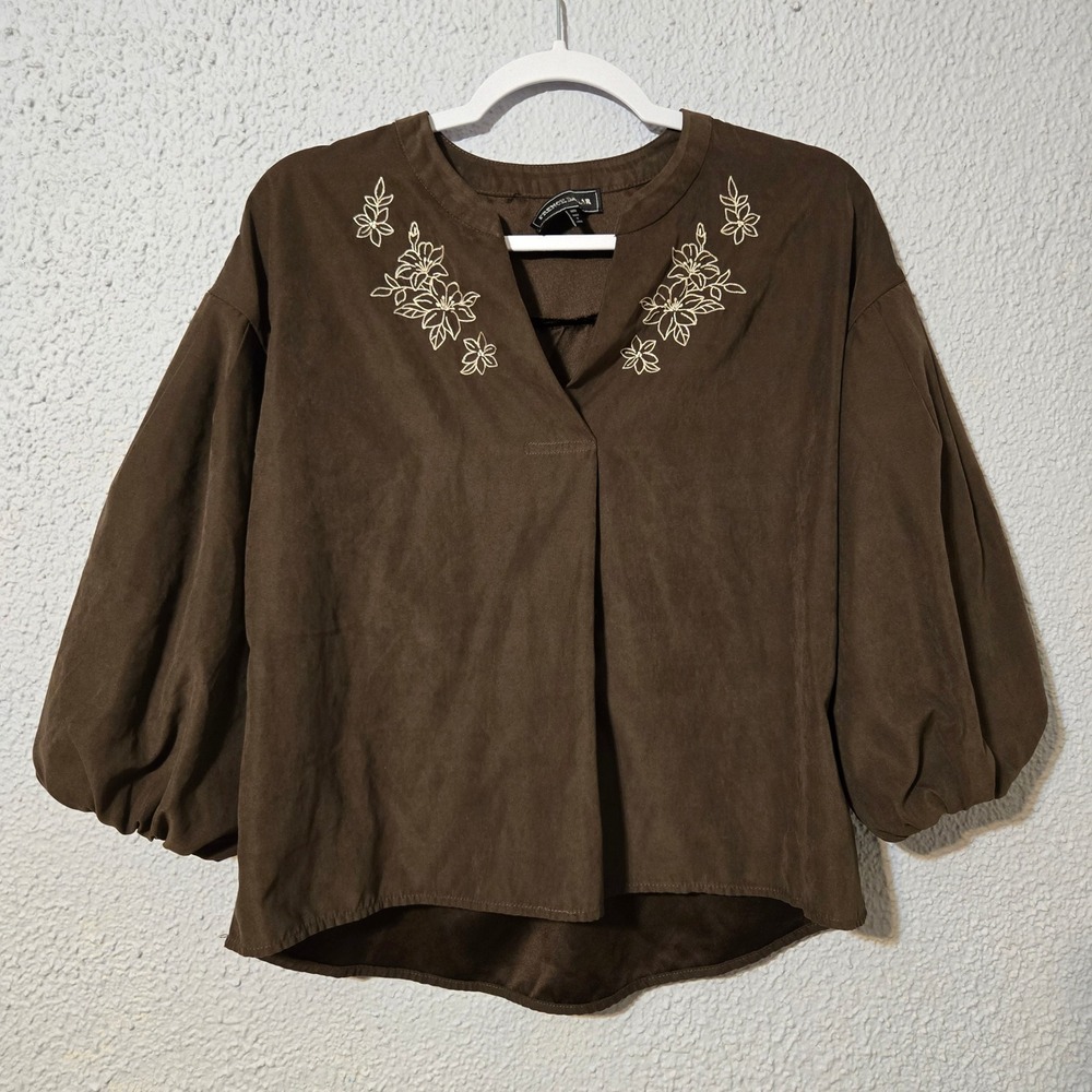 French Bazaar Floral Embroidered Balloon Sleeve Top M Brown Cottagecore Peasant